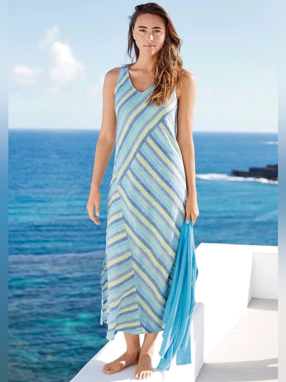 J. Jill Striped V-Neck Maxi Dress in Blue, Green and Purple Medium 100% Linen
